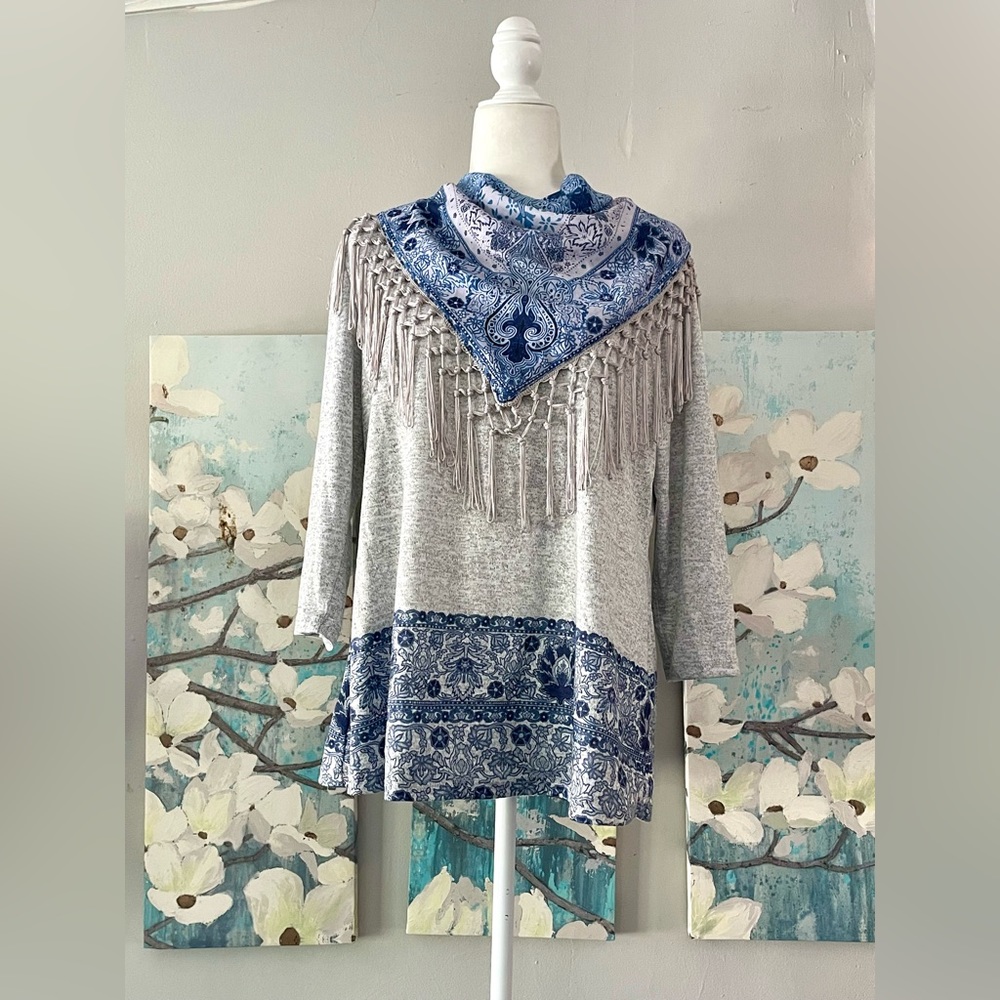 OneWorld Blue and Gray Top with Detachable Tasseled Scarf